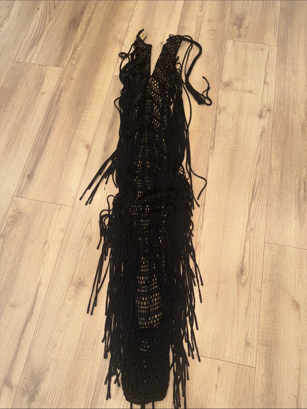 naked wardrobe Black Crochet Fringe Maxi Dress